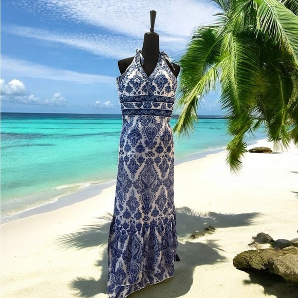 Blue and White Halter one piece swimsuit and skirt NEW - Picture 1 of 6